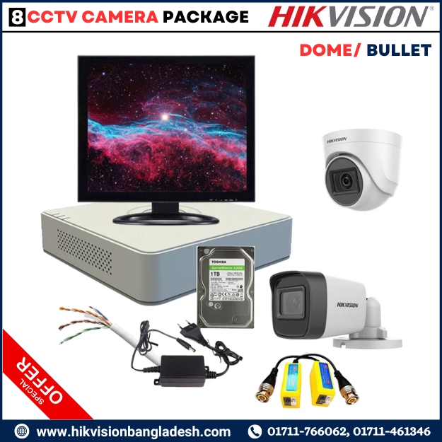 Hikvision 2MP,8CH Bullet/Dome Night Vision 8 CCTV Camera Package 20M IR (1TB HDD+Video Balun) with 22-inch Monitor With Installation