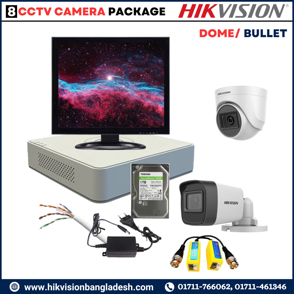 Hikvision 2MP,8CH Bullet/Dome Night Vision 8 CCTV Camera Package 20M IR (2TB HDD+Vedio Balun) with 17 inch Monitor, Hikvision  8 CCTV Camera Package Price in Bangladesh