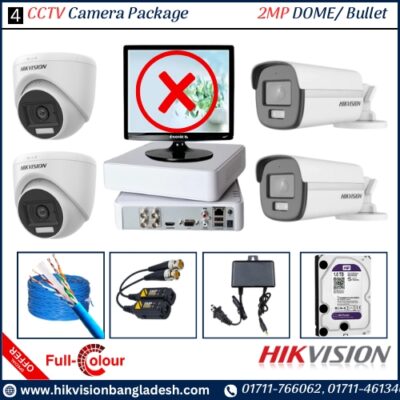 Hikvision 2MP, 4CH DVR Dome/Bullet (Full Color) (1TB HDD+20M IR) Built-in Audio 4 CCTV Camera Package